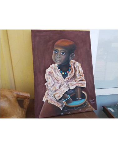 PEINTURE ENFANT AFRICAIN SIGNE MOUSSA 
