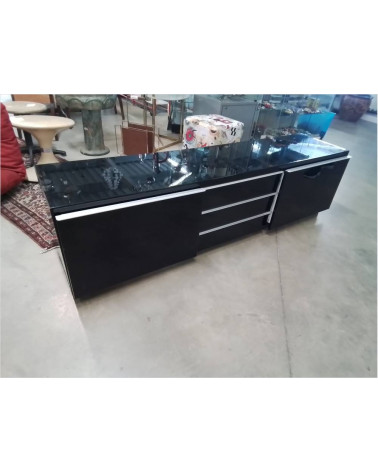 MEUBLE TV MODERNE NOIR LAQUE 2 PORTES 3 TIROIRS 