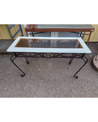 CONSOLE MODERNE PLATEAU VERRE PIEDS METAL 